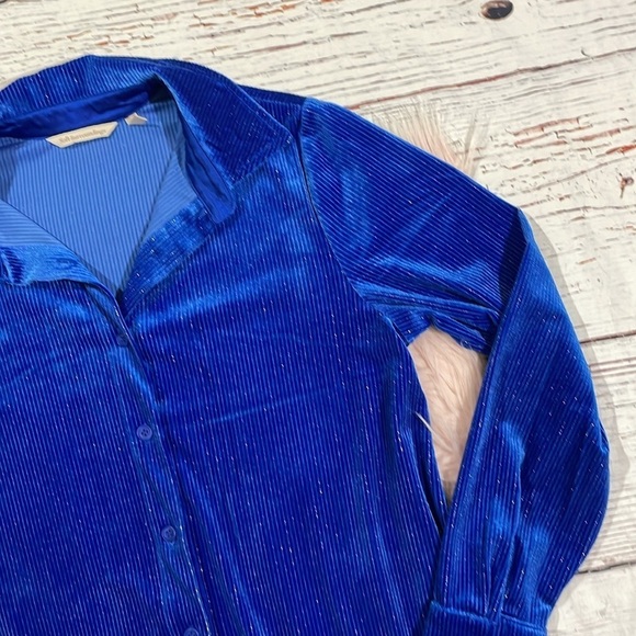 Soft Surroundings Blue Silver Textured Velvet Boyfriend Shirt Button Down - Picture 7 of 9